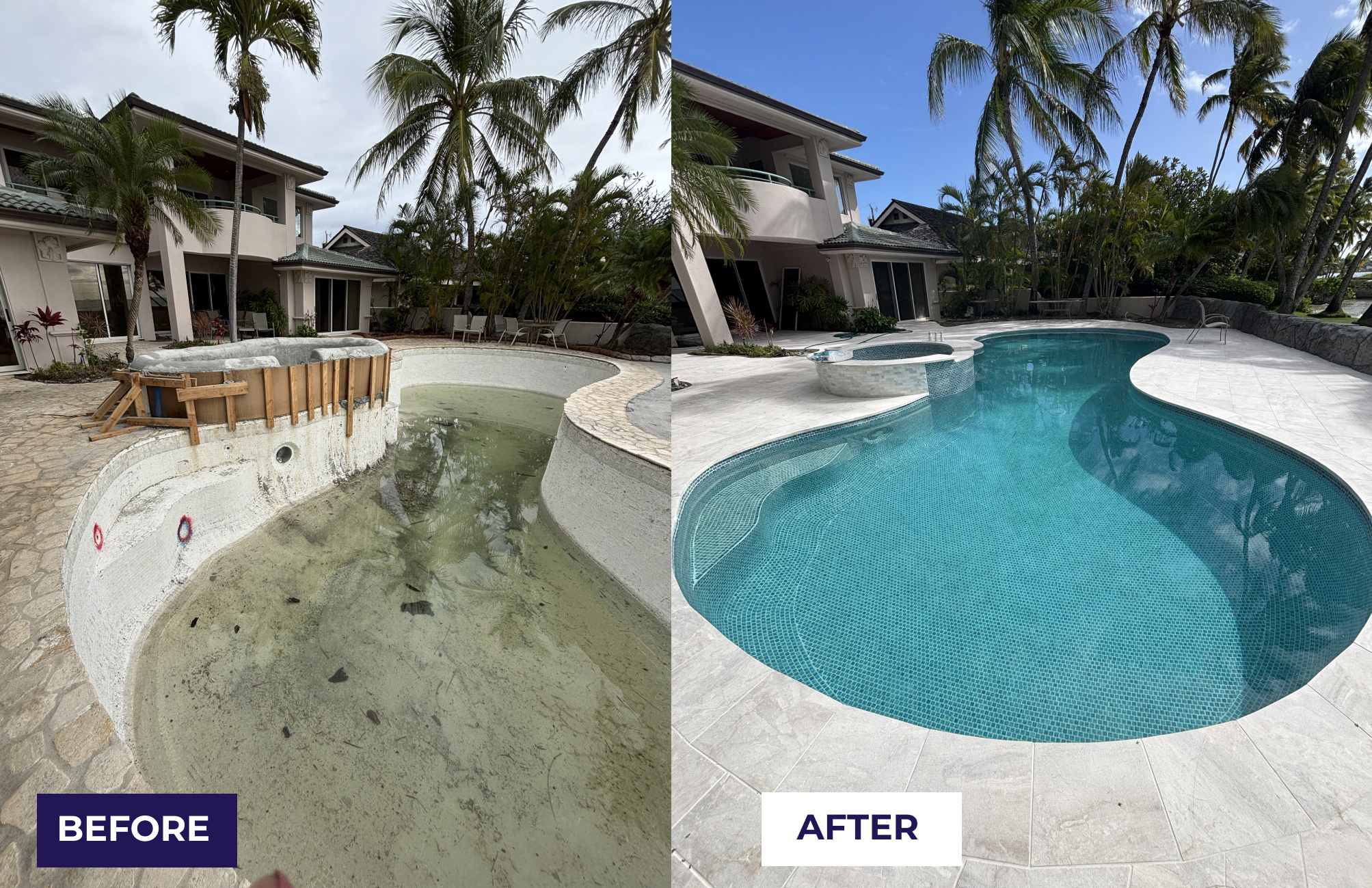 Click to show details - Portlock Pool and Spa Remodeling Before and After Before and after pool and spa remodel in Portlock, Oahu, featuring new glass waterline tile, ceramic pool tile, restored spa, and renovated pool deck by Neptune Pool Service.